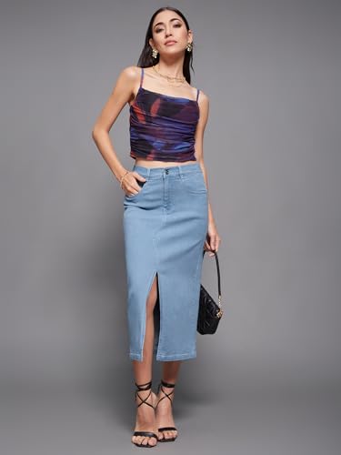 Image of Miss Chase Women's Regular High Rise Above Knee Stretchable Denim Skirt