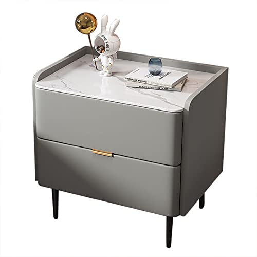 Mesita De Noche Moderna Mediado De Siglo|Mesilla de Noche Con Patas De Metal Y 2 Cajones|Mesa Auxiliar Minimalista De Madera Maciza De Cuero De Microfibra,Gris Claro,30x40x50cm (11.8x15.7x19.6in)