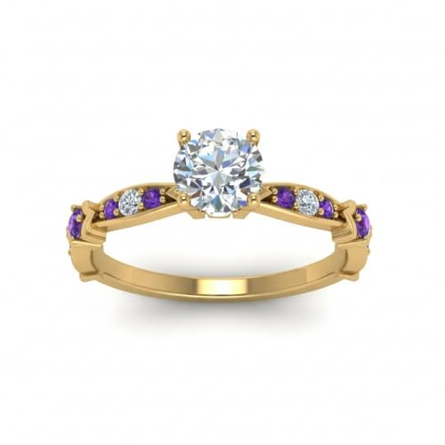 Image of Choose Your Gemstone Petite Pave Diamond CZ Engagement Ring Yellow Gold Plated Round Shape Petite Engagement Rings Minimal Modern Design Birthday Gift Wedding Gift US Size 4 to 12
