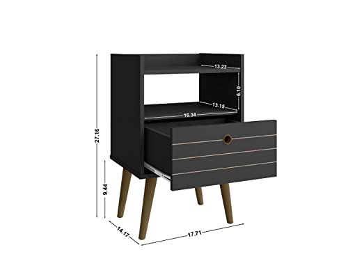 Manhattan Comfort Bogart Mid Century Modern Nightstand With Open Shelf And Drawer, Accent Bedside Or End Table For Bedroom Or Living Room, Black #TOP2