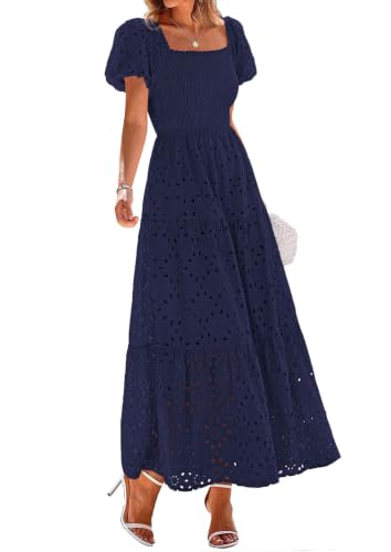 Image of PRETTYGARDEN Summer Dresses for Women 2026 Eyelet Square Neck Puff Sleeve Smocked Wedding Guest Maxi Dress with Pockets