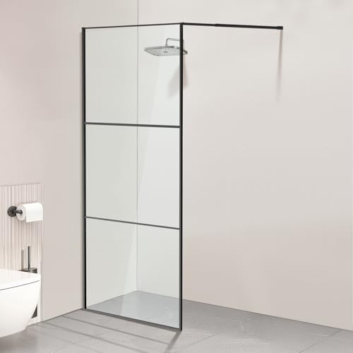 Jaxguom Paroi de douche Walk-In 100×200 cm Noir, verre de sécurité ESG 5 mm avec cadre en aluminium complet, plage de réglage 0–10 mm, séparation de...