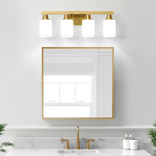 Image of Brushed Gold Bathroom Vanity Light,4-Light Bathroom Light Fixtures with Square Frosted Glass,Gold Bathroom Wall Lamp Sconces for Mirror Bedroom,Living Room Hallway,E26