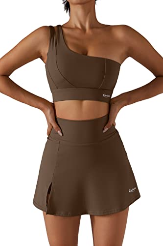 Qinsen One Shoulder Bras For Women Ribbed Elastic Running Jogging Sports Bra Top Brown M #TOP3
