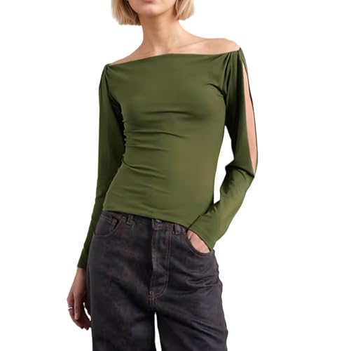 Top Elegante con Cuello Bardot y Manga Larga, Blusa Entallada con Mangas Recortadas, Ideal para el día a día