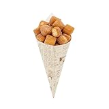 Restaurantware Conetek 10-Inch Eco-Friendly Finger Food Cones: Perfect for Appetizers - Food-Safe Paper Cone with Newsprint Styling - Disposable and Recyclable - 100-CT
