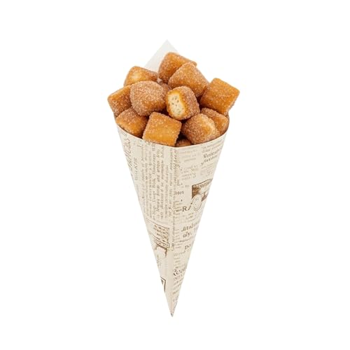 Restaurantware Conetek 10-Inch Eco-Friendly Finger Food Cones: Perfect for Appetizers - Food-Safe Paper Cone with Newsprint Styling - Disposable and Recyclable - 100-CT