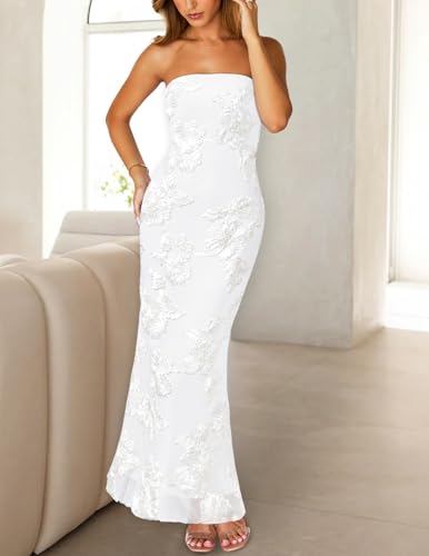 MEROKEETY Women\'s Floral Strapless Maxi Dress 2026 Summer Mesh Tube Bodycon Formal Wedding Guest Cocktail Party Long Dresses, White, X-Large