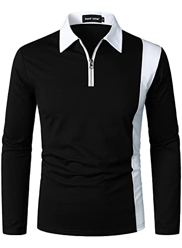 HOOD CREW Men’s Long Sleeve Polo Shirts Golf Shirt Casual Contrasting Color Tennis Top Black