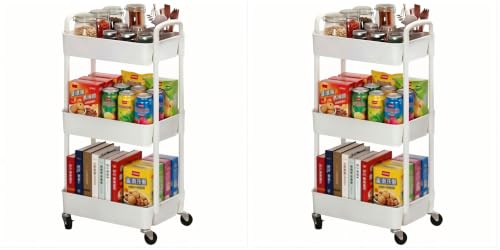 Image of Sywhitta 3-Tier Plastic Rolling Utility Cart with Handle, Multi-Functional Storage Trolley for Office, Living Room, Kitchen, Movable Storage Organizer with Wheels, White (Pack of 2)