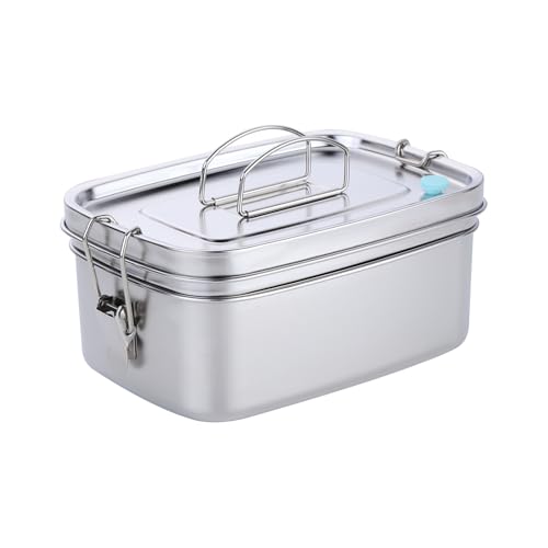 DOCBLACK Silver Lunch Box, Stainless Steel Bento Boxes, Double Tier Sandwich Box with Vent Port, Carrying Handle and Leakproof Rubber Ring, Sturdy and Tough, Suitable for Office and School
