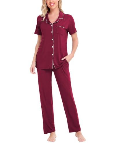 Image of SWOMOG Women Pyjama Sets Two-Piece Nightwear Short Sleeve Sleepwear Button Down Pj Lounge Sets with Long Pants Wine Red XX-Large