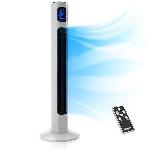 Brandson - Turmventilator mit Fernbedienung 96 cm - Testsieger - mobiler Lüfter leise - Standventilator mit Oszilation 65° - 3 Geschwindigkeiten 4 Lüftungs-Modi Timer - Ventilator mit GS - Perlweiß