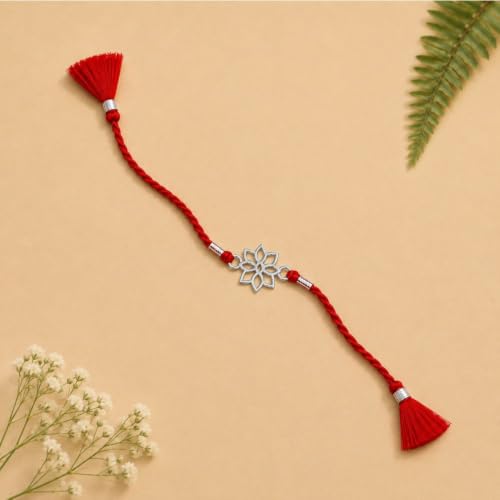 Image of AIRA 925 Sterling Silver Premium Designer Bracelet Rakhi for Brother | Handmade Raksha Bandhan Sacred Thread with Silver-Tone Geometric Charm & Adjustable Red Braided Cord | Traditional Festival Rakhi Gift