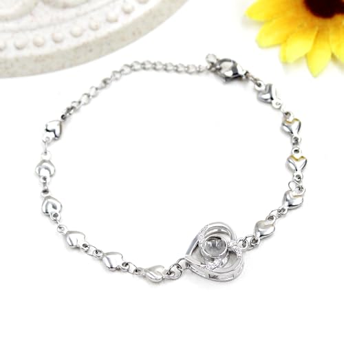 Image of Uloveido Cute Stainless Steel Heart Link Chain Bracelet | 100 Different Languages I Love You Projection Bracelets for Women Girls