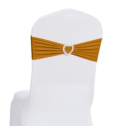 Howhic Pack of 120 Spandex Chair Sashes Bows Stretch Chair Cover Band with Buckle Slider Universal Elastic Chair Ties for Wedding Banquet Party Event Decoration (Gold)