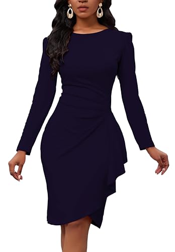 Women's Long Sleeve Bodycon Dress Crew Neck Ruched Wrap Wear to Work Church Midi Pencil Dress Elegant