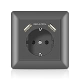 Schuko Enchufe de pared con USB 2.8A Gris, Kaifire Toma de corriente con 2 x USB System 55 Instalación empotrado - Cargador para Smartphone Tablet MP3