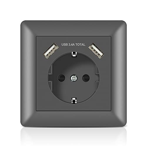 Schuko Enchufe de pared con USB 2.8A Gris, Kaifire Toma de corriente con 2 x USB System 55 Instalación empotrado - Cargador para Smartphone Tablet MP3 Cover