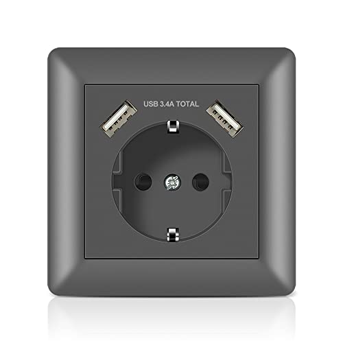 Presa Schuko con 2 porte USB 3.4 A, colore grigio, presa da parete Kaifire System 55 da incasso – caricatore per smartphone tablet MP3