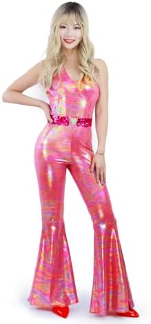 Nawgut Disco Outfit 70s 80s Prom Sparkle Flare Jumpsuit Party Cos...