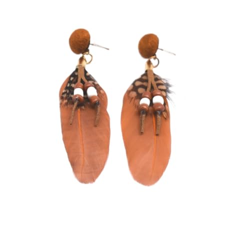 Boucles d'oreilles bohèmes en plumes et bois perlé vintage pour femme