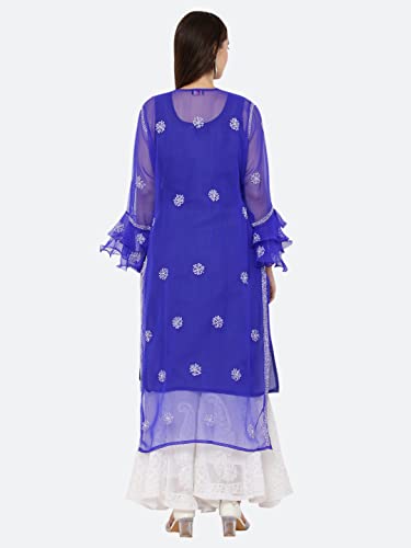 Image of FAWOMENT Women's Designer Georgette Straight Kurta with Hand Crafted Lucknowi Chikankari Embroiderey Emblemished Moti Work Along