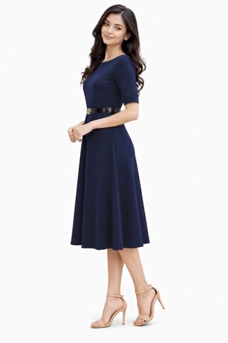 Image of Women's Elegant Midi Dress with Belt | Half Sleeve Fit & Flare Casual Dress | Knee Length Office Party Western Dress for Women