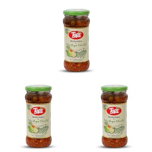 Image of TOPS Olive Oil Mixed Pickle -370 gm Glass Jar | Perfect blend of nine select seasonal vegetables in extra virgin olive oil and aromatic spices (Pack of 3)