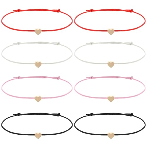 8 Pcs String Bracelets, Adjustable Heart Bracelet Bulk with Gold Heart Cord Red Thread Bracelets for Women Men Teens (4 Colors)