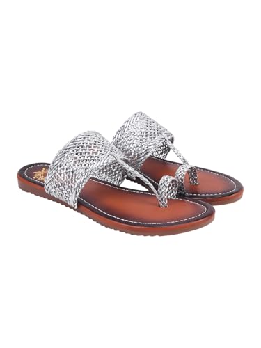 Image of Shoetopia Women's Kolhapuri Flats - Handwoven Bunai Sandals with Toe Loop | Ethnic Slip-On Chappals for Casual Festive