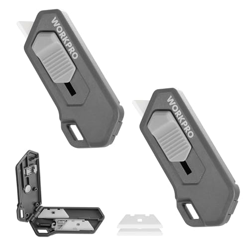 WORKPRO Cardboard Cutter, Set of 2, Mini Cutter, Automatic Retractable Utility Knife, Magnetic Included, Key Holder Hole, Portable, Convenient, Envelopes, Paper, Delivery Bag, Unpacking Cardboard