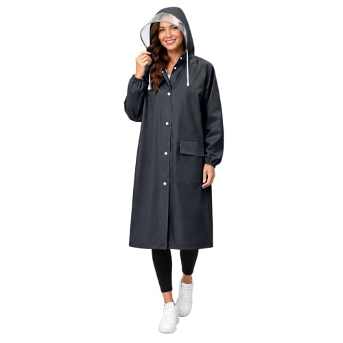RINJOY Women's EVA Raincoat, Waterproof Hooded Long Rain Poncho, Black, L