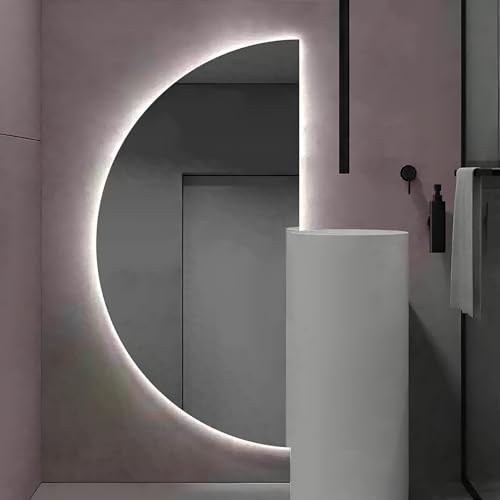 ZYBOWAYL 80/100/120cm スマートLED調光バスルームミラー3色ライト付き モダン装飾半円型玄関鏡 曇り止めバックライト化粧壁掛けミラー 省エネ防水HD装飾姿見鏡(Right Cut,32x16in)