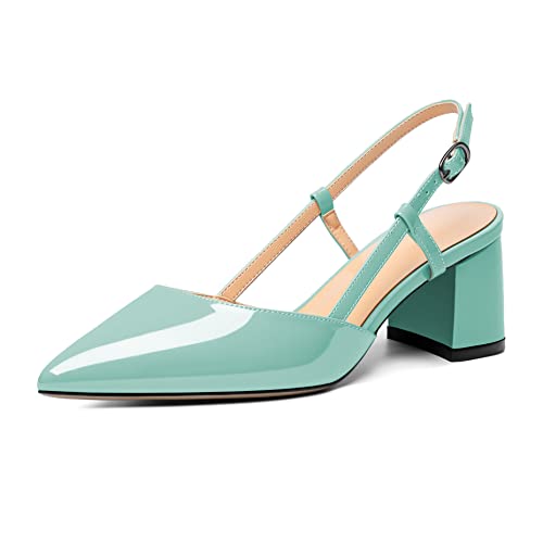 Mettesally Womens Block Heels Slingback Pointed Toe Pumps Ankle Strap Mid Chunky Heels Comfortable Closed Toe Prom Wedding Shoes