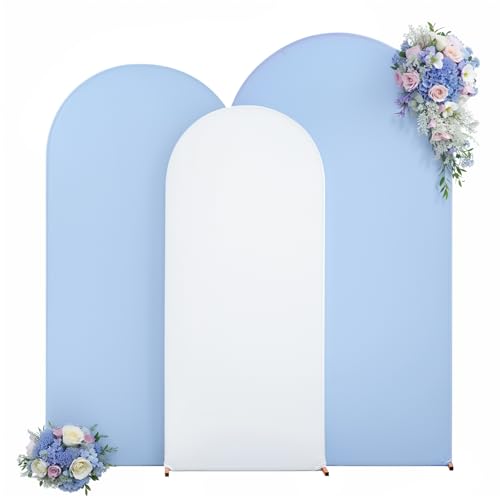 White and Blue Arch Cover 3 Set-6FT, 5FT, 4FT Arch Backdrop Cover Spandex Fitted 2-Color Fabric Stand Covers for Baby Shower Boy Birthday Party Graduation Banquet Photo Background Decorations