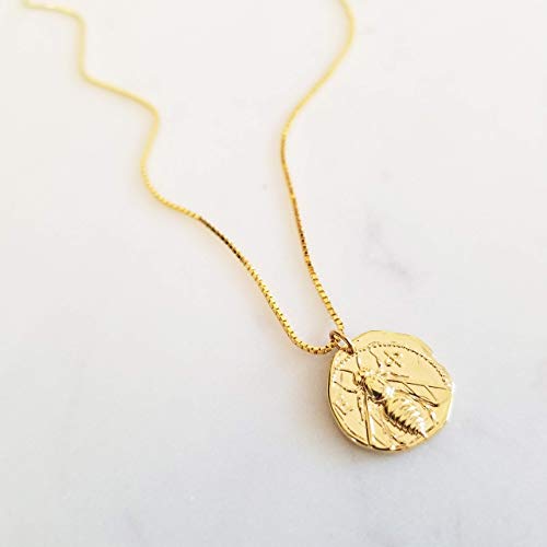 Gold Medallion Necklace, Coin Necklace, Disk Necklace, Bee Pendant Necklace, Gold Box Chain Necklace, Gold Pendant Necklace, NALA NECKLACE