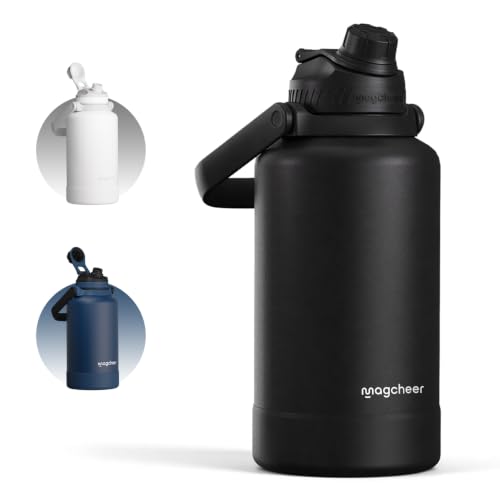 Magcheer Botella Acero Inoxidable Termica 2 litros con Asa(Negro) | Aislamiento Doble Pared,Boca Ancha,Manga Protectora,Sin BPA,Antifugas,Apto Lavavajillas,para Gimnasio,Exterior,Deporte
