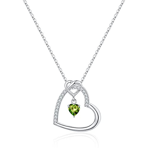 Sterling Silver Necklace for Women Girls, Silver Necklace Birthstone Necklace for Women Heart Necklace for Teen Girls Gifts Silver Jewelry for Women Peridotld Necklace Birthday Gifts for Girls