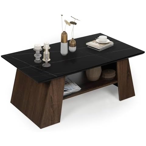 AILEEKISS Coffee Table with Storage Shelf, 2-Tier Mid Century Modern Coffee Tables, Farmhouse Wooden Center Table for Living Room, Bedroom, Office, Balcony (Black Marble & Brown) Cover