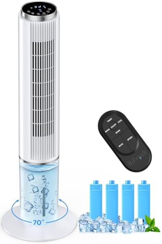 HIFRESH Personal Air Cooler for Home, 107CM Portable Fan, Touch & Remote Control, 4 Mode& 3 Speed, 26Ft Air Throw, 12H Timer, 4 Ice Packs, Auto Rotation, Low Power Consumption Tower Cooler for Room