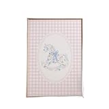 Physical print for baby girl nursery wall decor featuring a pastel rocking horse illustration on pink gingham background in a wooden frame