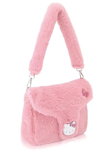Sanrio Hello Kitty Handbag for Women | Faux Fur Purse with Saffiano Trim | Cute Hello Kitty Shoulder Bag, Crossbody Tote Bag, or Small Travel Purse | Ages 3+2