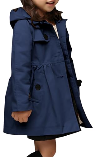 Betusline Girl's Trench Coat, Single Breasted Windbreaker Jacket Hoodie Dress Coat Outerwear for Girl,1# Navy Blue,3-4T = Tag 110