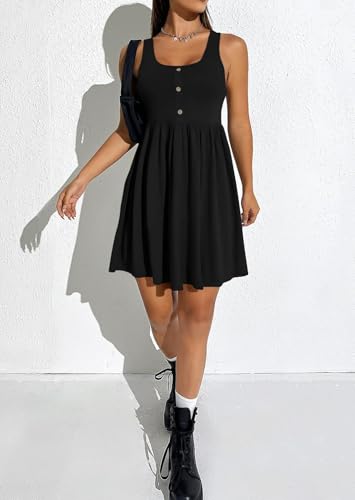 Image of BeadChica Women's Summer Tank Dress Sleeveless Scoop Neck Button-Down Sundress Cute Ruffle Hem Swing Mini A-Line Dress
