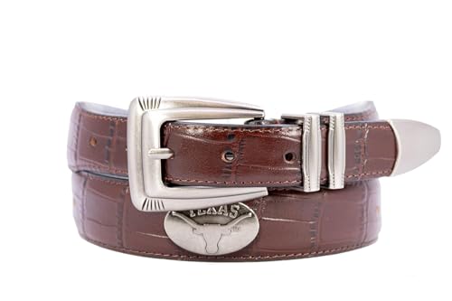 ZEP-PRO NCAA Texas Longhorns Men's Croc Leather Belt – Embossed Full Grain Brown Strap With Emblem Conchos – 1.25