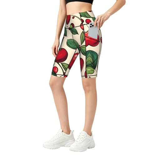 Short de sport taille haute mi-cuisse imprimé cerises avec poches pour femme