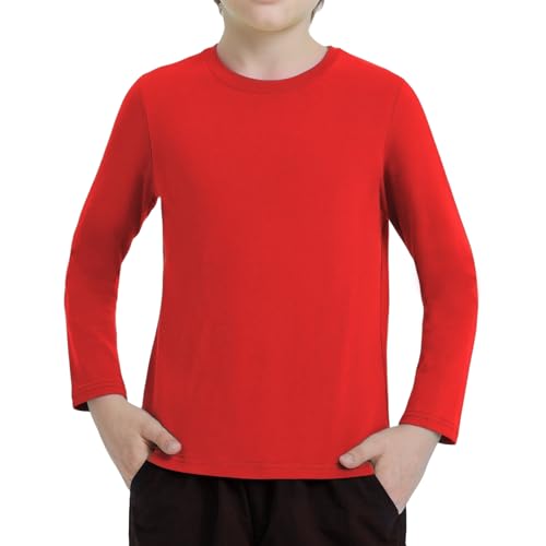 Ewbob Kids Cotton Plain Long Sleeve T-Shirt Lightweight T Shirt Boys Girls Breathable Tee Tops for Children Classic Casual Unisex Shirts for Age 3-14 Years(C21-Red-9-10Y)