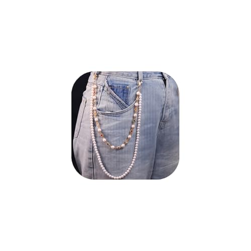 Image of Y2K Pearl Pants Chain Streetwear Jewelry- Unisex Layered Wallet Chain with Heart Cross Pendant, Punk Aesthetic Jeans Keychain Accessory for Men Women