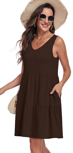 Image of Sundresses for Women Summer Sleeveless Tiered Swing V Neck Tank Dress | 2026 Casual Loose Tank Dress with Pockets, A-Line Flowy Beach Sun dress, Vacation Cruise Fashion Outfits